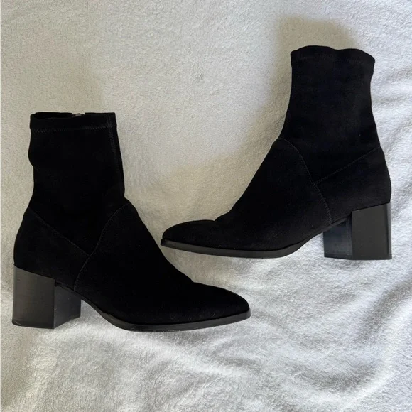 Aquatalia Tia Weatherproof Stacked Heel Stretch Black Suede Booties Ankle Boots - Picture 7 of 8